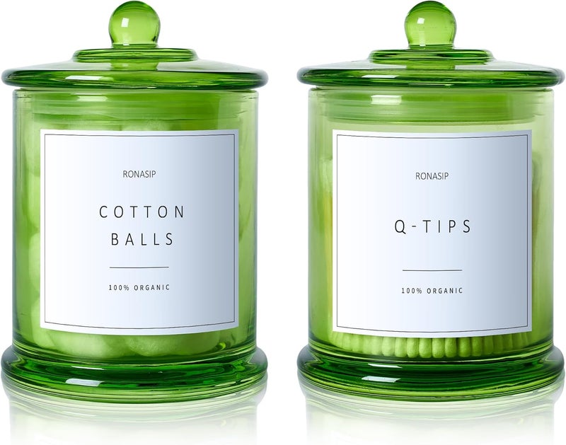 Ronasip Qtip Holder & Cotton Pad Dispenser, Bathroom Organizer and Storage Canisters, 16oz Glass Apothecary Jars for Kitchen, Restroom - Home Decor Accessories, Room Decor Aesthetic (2 Pack, Green) - Image 1